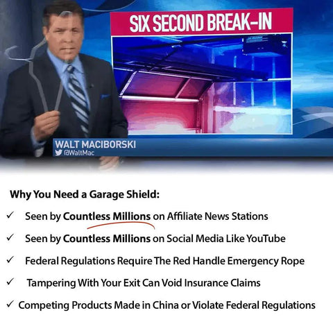 Television report about garage security featuring text: Why You Need a Garage Shield; Six Second Break-In warning headline.