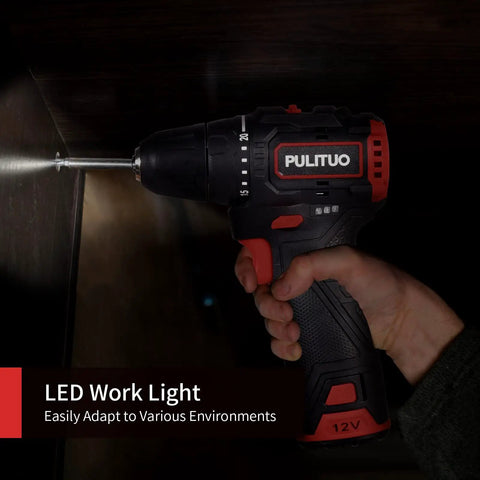 Hand holding Lightweight Brushless 12V Cordless Drill Kit With 310 Inlb Torque, LED Work Light on, drilling in dark space