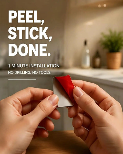 Peeling adhesive backing on 20 Pack Magnetic Cabinet Catches For Doors And Drawers Heavy Duty Neodymium Stainless Steel Latches.