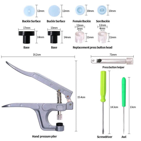 384 Piece T5 Snap Button Set With 24 Colors For Clothes And Cloth Diapers, includes plastic snaps hand tool kit, shown with tools and dimensions.
