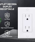 Must Have Decorator Outlet Socket 15 Amp 125 Volt Tamper Resistant Receptacle With Grounding And Wall Plates UL Listed White Finish