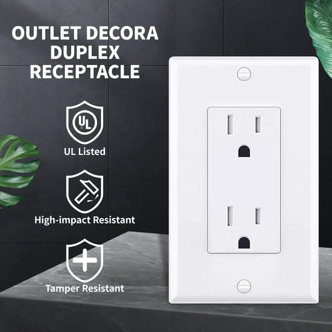 Must Have Decorator Outlet Socket 15 Amp 125 Volt Tamper Resistant Receptacle With Grounding And Wall Plates UL Listed White Finish