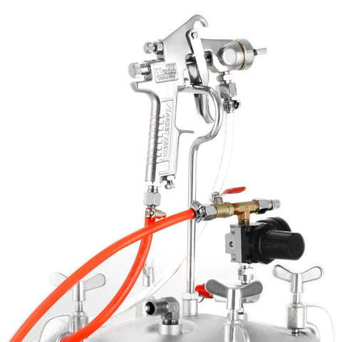 Close-up of the upgraded six hole spray gun on the Top Shelf 10 Liter Pneumatic Paint Pressure Pot for precise painting.