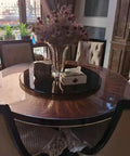 Tempered Glass Round Dining Table Lazy Susan Turntable Serving Tray 100 cm Diameter Black Ideal For Easy Food Sharing At Family Dinners And Parties Durable Rotating Plate For Smooth Mess Free Meals in dining setting with vase