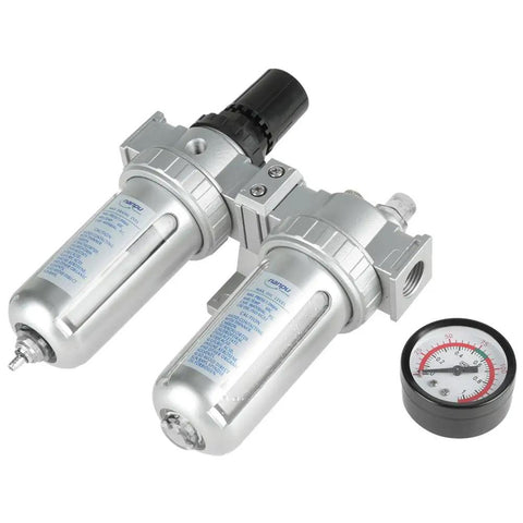 1/2-Inch Air Filter Regulator Lubricator Gauge Kit With Oil Water Separator for compressed air tools, silver dual unit with gauge