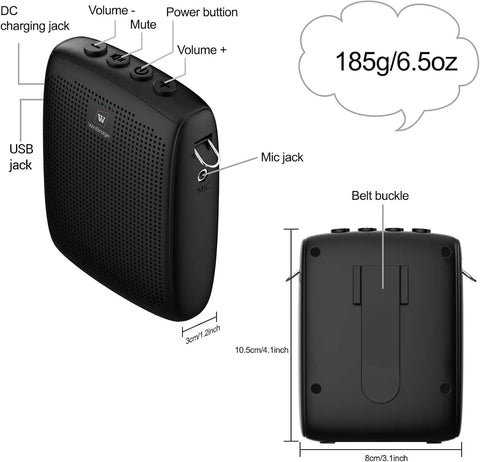 Side and back view of Bluetooth Voice Amplifier With Portable Speaker And Wireless Microphone For Teachers Tour Guides Public Speakers And Fitness Instructors 15W Mute Feature Gig Ready For Large Rooms WB002 showing controls, jacks, and belt buckle.