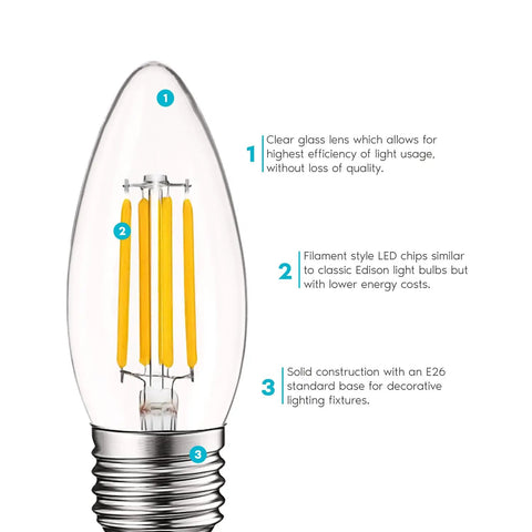 Five-Watt LED Candelabra Bulbs E26 Vintage Edison Filament, 60W Equivalent, 550 Lumens, 2700K Warm White, torpedo tip, E26 base