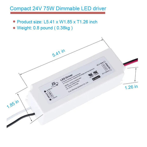 Compact 24V 75W dimmable LED driver with labeled dimensions, 24V Dimmable LED Driver For LED Strip Lighting, 75W Power Supply
