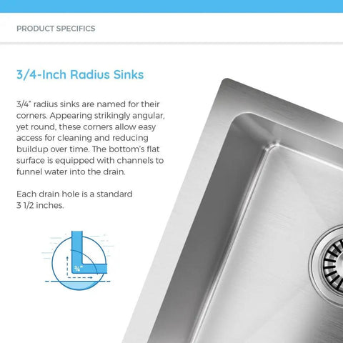 Topmount Single Bowl Kitchen Sink With Three Quarter Inch Radius, 18 Gauge Stainless Steel, close-up of corner detail