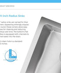 Close-up of Topmount Single Bowl Kitchen Sink With Three Quarter Inch Radius Built Tough 18 Gauge Stainless Steel 304 Grade