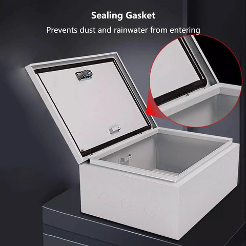 Rugged Outdoor Waterproof Junction Box With Locking Hinges And Dustproof Universal Enclosure, Weatherproof Electrical Box For Outdoor Equipment, Mounting Plates And EV Charger Pedestal Holder, Theft Resistant Lid, open with sealing gasket