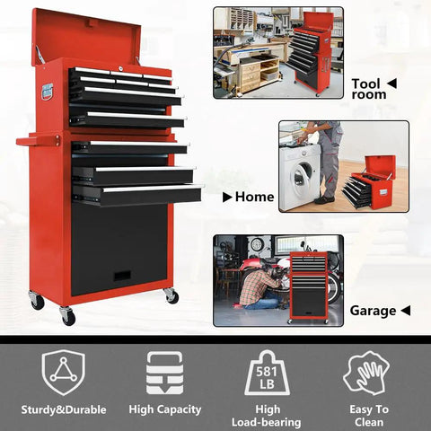Heavy Duty Thirteen Drawer Rolling Tool Chest With Massive Mobile Storage Cabinet Secured Tight With Heavy Load Capacity Smooth Roll Quad Casters Built For Hardcore Garage Folks And Weekend Warriors Gear Storage Black And Red