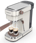 Straight Up Solid Espresso Machine For Home With 20 Bar Pressure Pump And Built In Milk Frother Steam Wand brewing two shots of espresso.