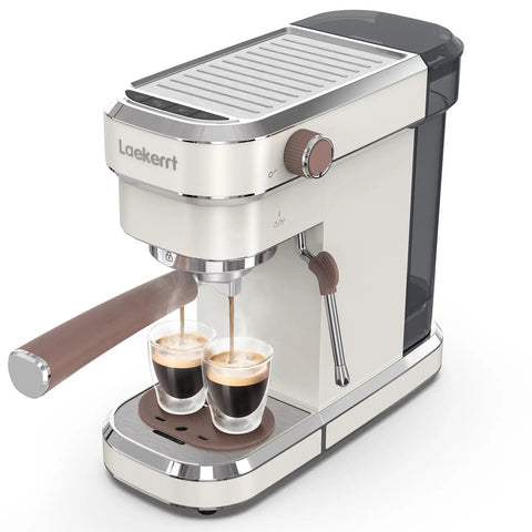 Straight Up Solid Espresso Machine For Home With 20 Bar Pressure Pump And Built In Milk Frother Steam Wand brewing two shots of espresso.