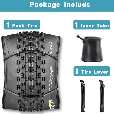 26x4.0 Inch Beefy Fat Bike Tire And Tube For Electric Bikes Foldable Replacement Tire All Terrain Mountain Snow Urban City Street Road Bicycle Anti Puncture Layer Durable Nylon And Rubber Construction package includes tire, inner tube, and tire levers