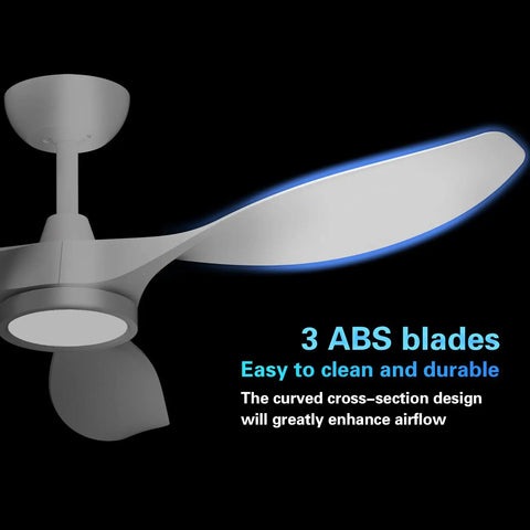 Stylish 52 Inch White Ceiling Fan With Three Blades And Built In Light Featuring Slick Finish Hella Powerful Airflow Quiet Operation Remote Control For Cool Living Space Vibes, showing 3 durable ABS blades for improved airflow.