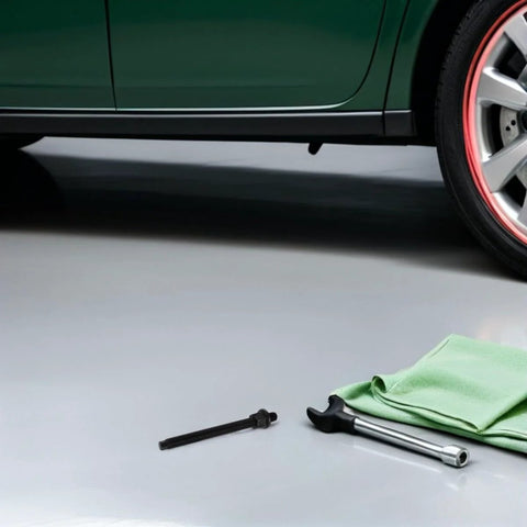 Crankshaft Pulley Removal Tool Gear Puller Kit For Engine Timing Belt And Drive Pulley Disassembly shown next to green car on garage floor