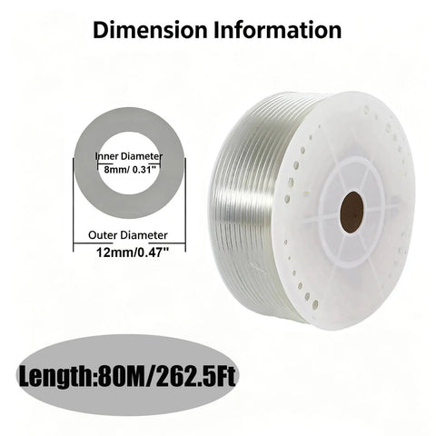 High Pressure PU Air Hose Built As A Workhorse With Hella Kink Resistance And A Slick Flexible Design Delivering Tough Oil Resistant Durability Alongside Massive Long Rolls Ready For Any Shop Task, showing dimensions and spool.