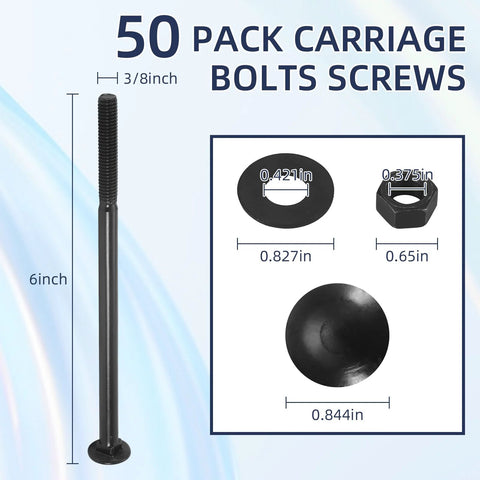 AiVeUao 50-pack galvanized carriage bolts with 50 washers and 50 nuts, 3/8 x 6 in, front view