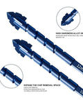 Masonry drill bit set: two blue serrated four-flute bits (10mm and 12mm) for tile, brick, concrete.