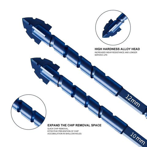 Masonry drill bit set: two blue serrated four-flute bits (10mm and 12mm) for tile, brick, concrete.
