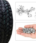 100 Piece Kit Of 8X10Mm Heavy Duty Tire Stud Screws Hella Tough Anti Slip Nails showcased on a tire and in hand.