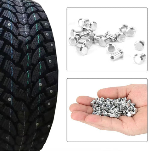 100 Piece Kit Of 8X10Mm Heavy Duty Tire Stud Screws Hella Tough Anti Slip Nails showcased on a tire and in hand.