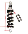 Heavy Duty Rear Shock Absorber 170mm 750lb Suspension Spring For Gas Scooter Electric Bike Dirt Atv Quad Minimoto Pocket Bike Mountain Bike showing measurements and included bolts.