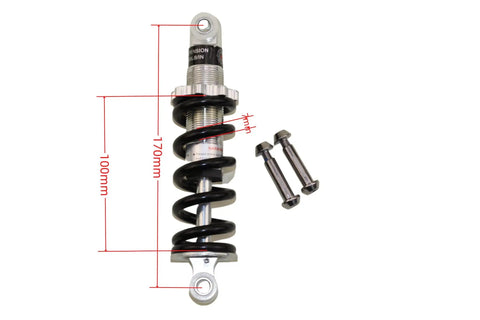 Heavy Duty Rear Shock Absorber 170mm 750lb Suspension Spring For Gas Scooter Electric Bike Dirt Atv Quad Minimoto Pocket Bike Mountain Bike showing measurements and included bolts.