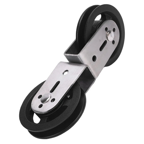 Beefy Dual Pulleys For Cable Machines With Rotating Wheel, Silent Operation, shown at an angle with metallic structure and black wheels.