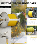 Heavy Duty Portable Hose Reel Cart with Extra Long Water Hose Beefy Stainless Steel Frame Easy Snap Together Setup, wall mount with yellow hose.