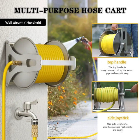 Heavy Duty Portable Hose Reel Cart with Extra Long Water Hose Beefy Stainless Steel Frame Easy Snap Together Setup, wall mount with yellow hose.