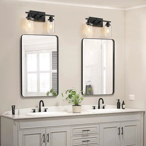 Two Light Black Vanity Lights For Bathroom Over Mirror With Clear Glass Shades And Metal Bases Modern Industrial Wall Sconces
