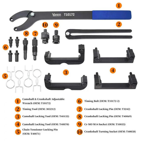 DIY Ready Pro Grade Camshaft Locking And Timing Tool Kit For VW And Audi Engines 2.0 2.4 2.5 V6 2.8 3.0T 3.2 4.2 5.0 5.2 Touareg Q7 Porsche 3.0T Replace OEM T40133 T40070 T40058 T10172 components displayed