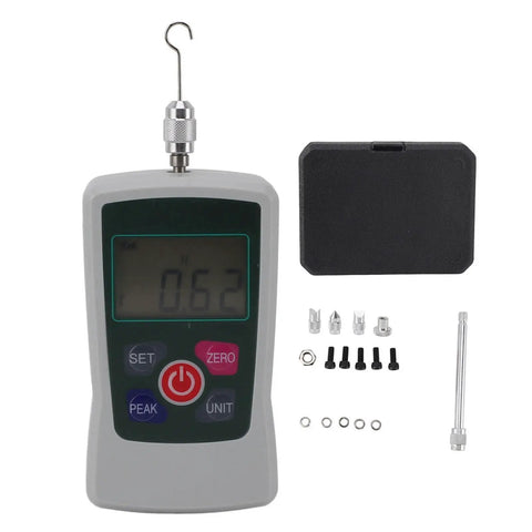 Digital Force Mini Push Pull Sensor Tester Meter 2N-20N Portable Accurate Measurements For Reliable Material Testing And Quality Control On The Go Everyday., gray aluminum alloy digital force tester with hook, case and attachments