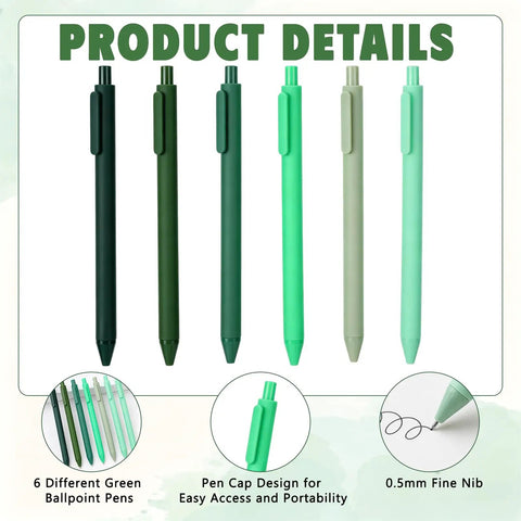 Six green pens from Green Aesthetic Desk Stationery Set With Six Retractable Black Ink Pens 1.0mm Six Correction Tapes And Green Sticky Notes
