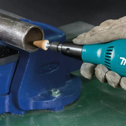 Heavy Hitter Quarter Inch Compact Die Grinder 28000 Rpm High Speed Rotary Tool with ergonomic grip working on metal tube.