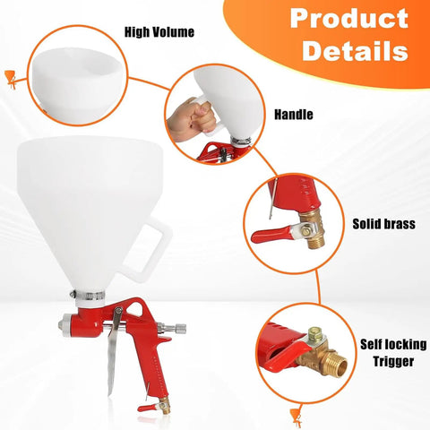 Heavy Duty Drywall Texture Sprayer Kit Featuring 1.5 Gallon Air Hopper And Badass Spray Gun, showing high volume hopper and solid brass fittings.