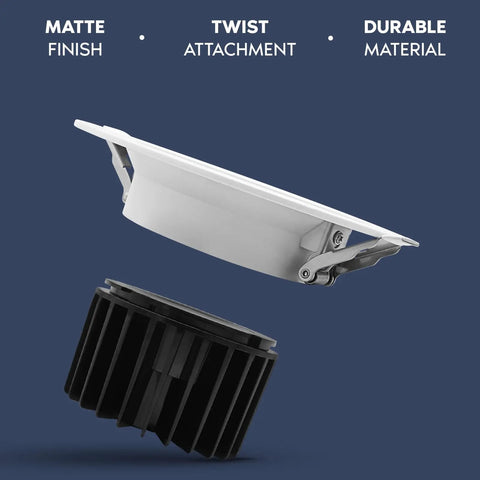 Smooth Trimless 6 Inch Led Recessed Lights 6 Pack With Twist Lock Mounting showing matte finish and durable twist attachment.