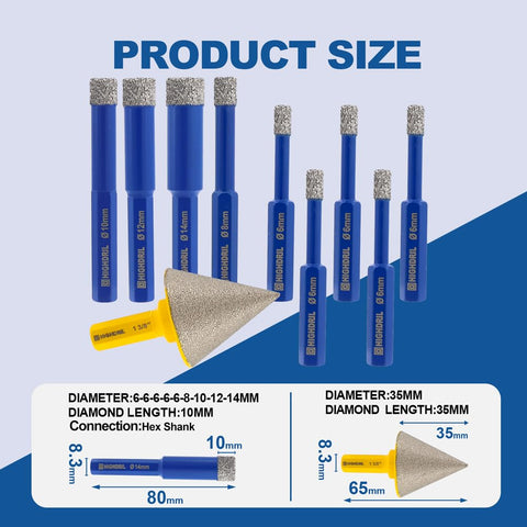 Diamond Hole Saw Kit With Diamond Core Drill Bits For Porcelain Ceramic Granite Marble And Other Hard Materials Includes Five 6Mm Bits 8Mm 10Mm 12Mm 14Mm And 35Mm Hex Chamfer Bit Hex Shank For Secure Grip shown with product dimensions.