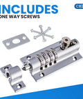 CB2000-CHR Sliding Lock Combination Bolt With Keyless Security, Chrome Finish, 4-Dial Mechanism, includes one-way screws