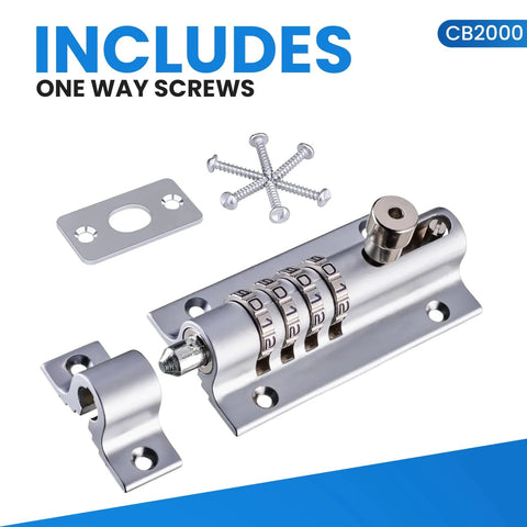 CB2000-CHR Sliding Lock Combination Bolt With Keyless Security, Chrome Finish, 4-Dial Mechanism, includes one-way screws