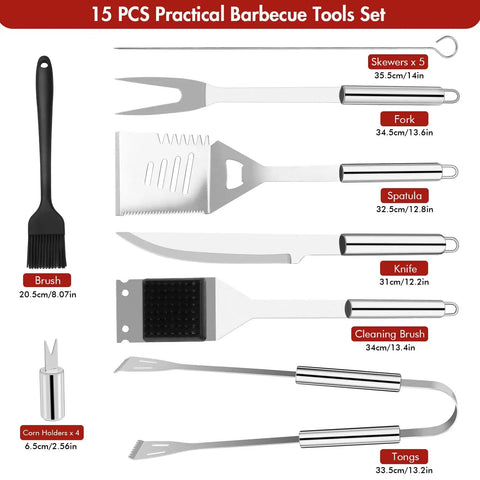 15 Piece Grill Set With Carrying Case Stainless Steel BBQ Tools Kit Includes 4 In 1 Spatula, Meat Fork, Tongs, Brush, Corn Holders.