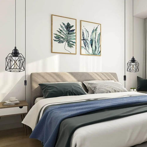 Sleek Matte Black Farmhouse Pendant Light Bringing Modern Industrial Vibe To Your Kitchen Island Or Dining Room Ceiling Hanging Fixture Quick Room Glow Up That Hits Different over a stylish bed with greenery art.