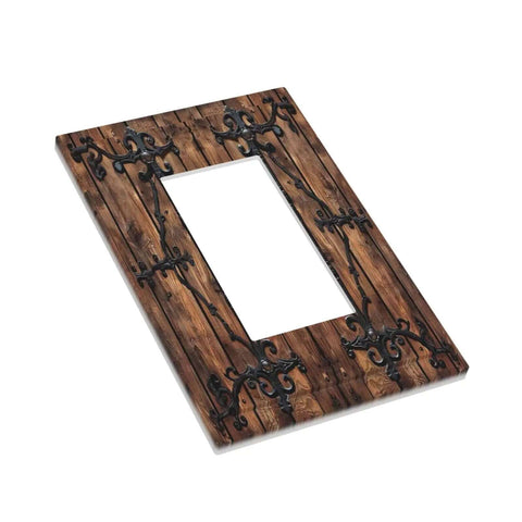 Decorative Outlet Covers 1 Gang Rocker Wall Plate with Vintage Brown Wood Barn Door Look and Antique Bronze Hardware