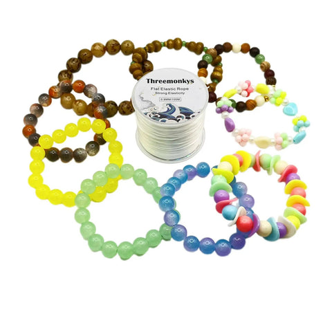 Flat 0.8 mm Elastic Bead Rope for Jewelry Making, Clear Polyester Spandex String shown with colorful DIY bead bracelets
