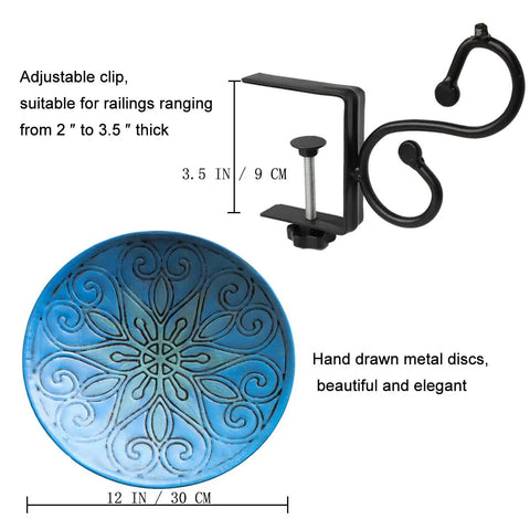 Deck Mounted Bird Bath Bowl For Garden Yard Decor Heavy Duty Solid Metal 12 Inch Rust Proof Water Basin with adjustable clip