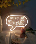 Hello sunshine neon sign with warm white glow for wall decor, perfect for bedroom or office, 12.2 by 9 inches size.