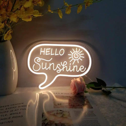 Hello sunshine neon sign with warm white glow for wall decor, perfect for bedroom or office, 12.2 by 9 inches size.