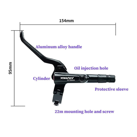 RUJOI MTB hydraulic brake lever and caliper, side view; black aluminum lever with cylinder, oil injection hole, 22mm mount hole